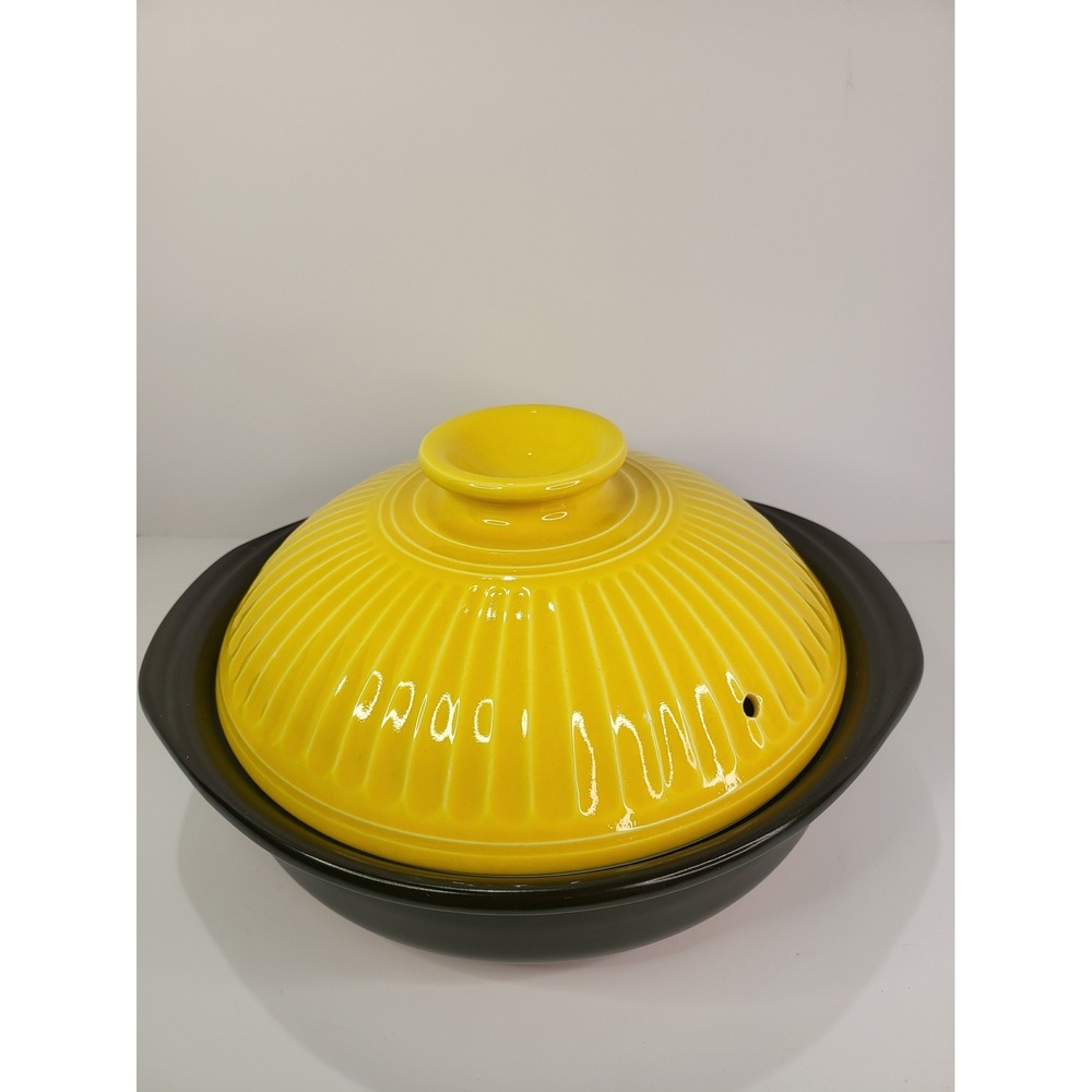 Vintage Japan Fire Proof Ceramic Tagine Pot Yellow Ribbed Lid Black Base 10in